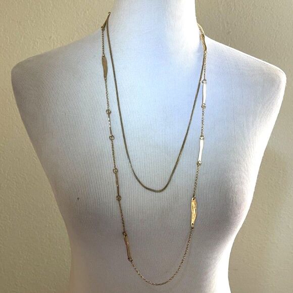 Vintage Gold Tone Necklace Layered Long Chain Double Box Link Signed - Picture 3 of 7